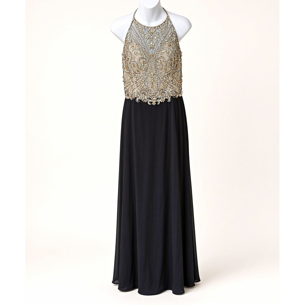 Camille La Vie Size 14 Black Beaded Formal Gown Halter X Back